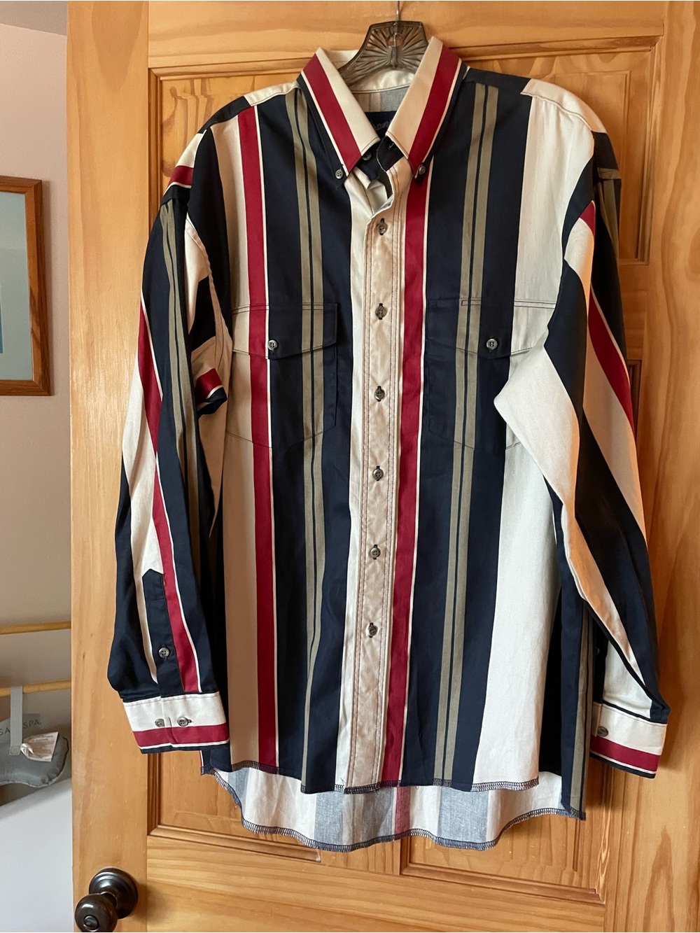Wrangler Men's Vertical Stripe Button-Down Shirt - Navy, White & Red